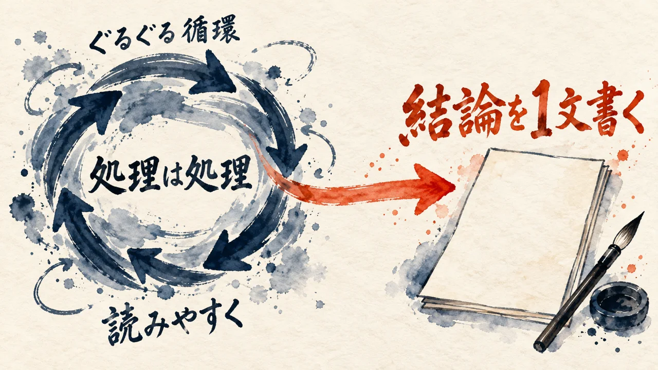 図解: 「処理は処理」とぐるぐる循環する説明を、「結論を1文書く」という作業の一文へ直す前後