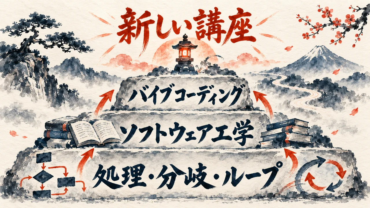 図解: 処理・分岐・ループを土台に、ソフトウェア工学、バイブコーディング、新しい講座へ積み上がる階層