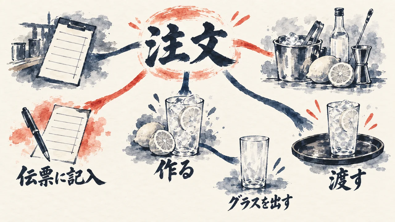 図解: 「注文」を作る・渡す・伝票に記入などの作業に分け、「作る」はグラスを出す所まで細かく分ける分解図