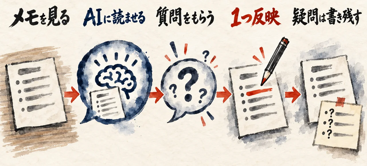 図解: メモを見る、AIに読ませる、質問をもらう、1つ反映する、疑問は書き残す、の5段の流れ