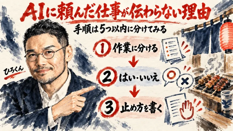 AIに頼んだ仕事が伝わらない理由を読む記事の全体図。ひろくんと、作業に分ける・はい・いいえ・止め方を書くの3つの流れ