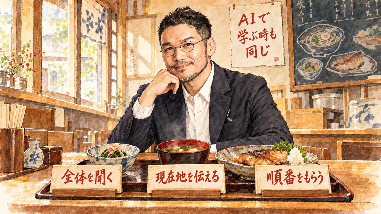 昼の食堂のカウンターで、前菜・スープ・主菜の3つの小皿を前に、全体・現在地・順番の札を見るひろくんの図解
