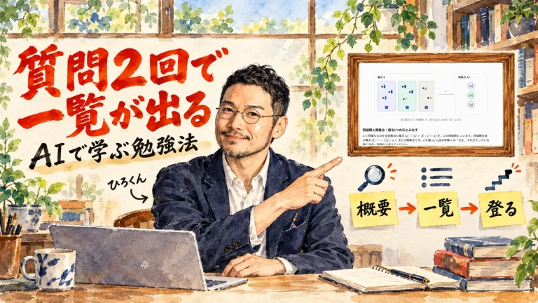 AIで学ぶ勉強法を解説するアイキャッチ。質問2回で一覧が出る。右上の額縁に元記事の画面