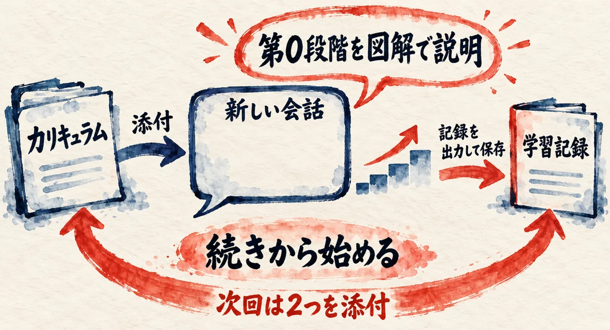 カリキュラムのファイルを新しい会話に添付して第0段階から登り、学習記録のファイルを残す図解。次回はカリキュラムと学習記録の2つを添付して続きから始める