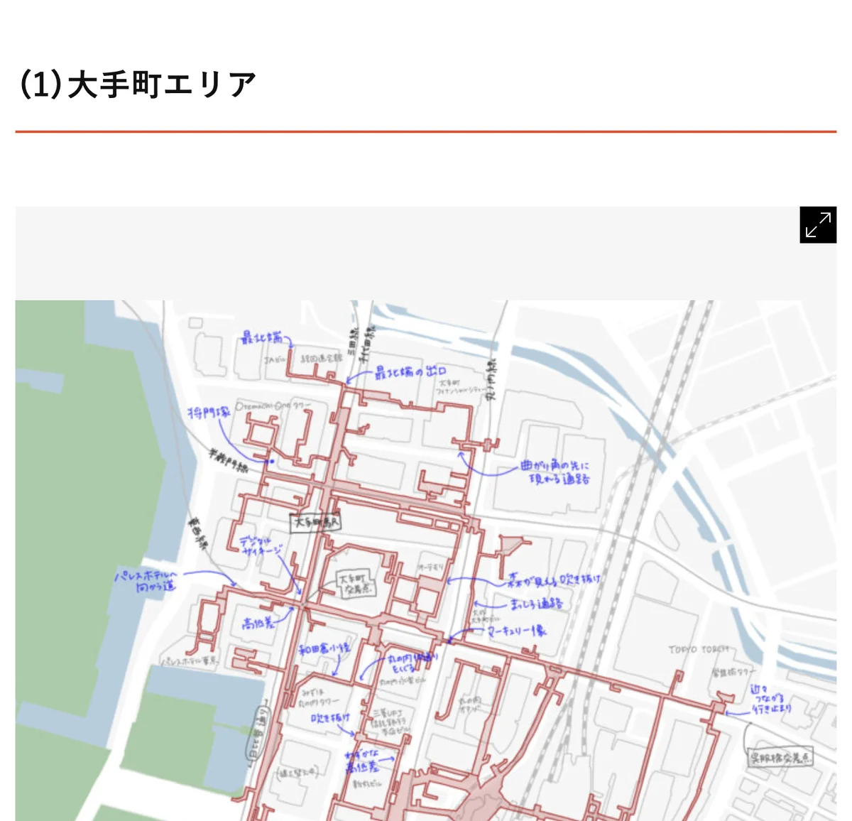 元記事の「(1)大手町エリア」の節の画面。大手町の地下通路の地図に、抜け道や高低差の書き込みがある