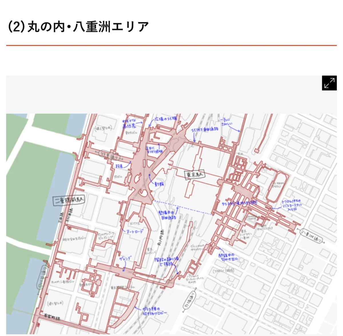 元記事の「(2)丸の内・八重洲エリア」の節の画面。丸の内と八重洲の地下通路の地図に、北地下自由通路やヤエチカの書き込みがある