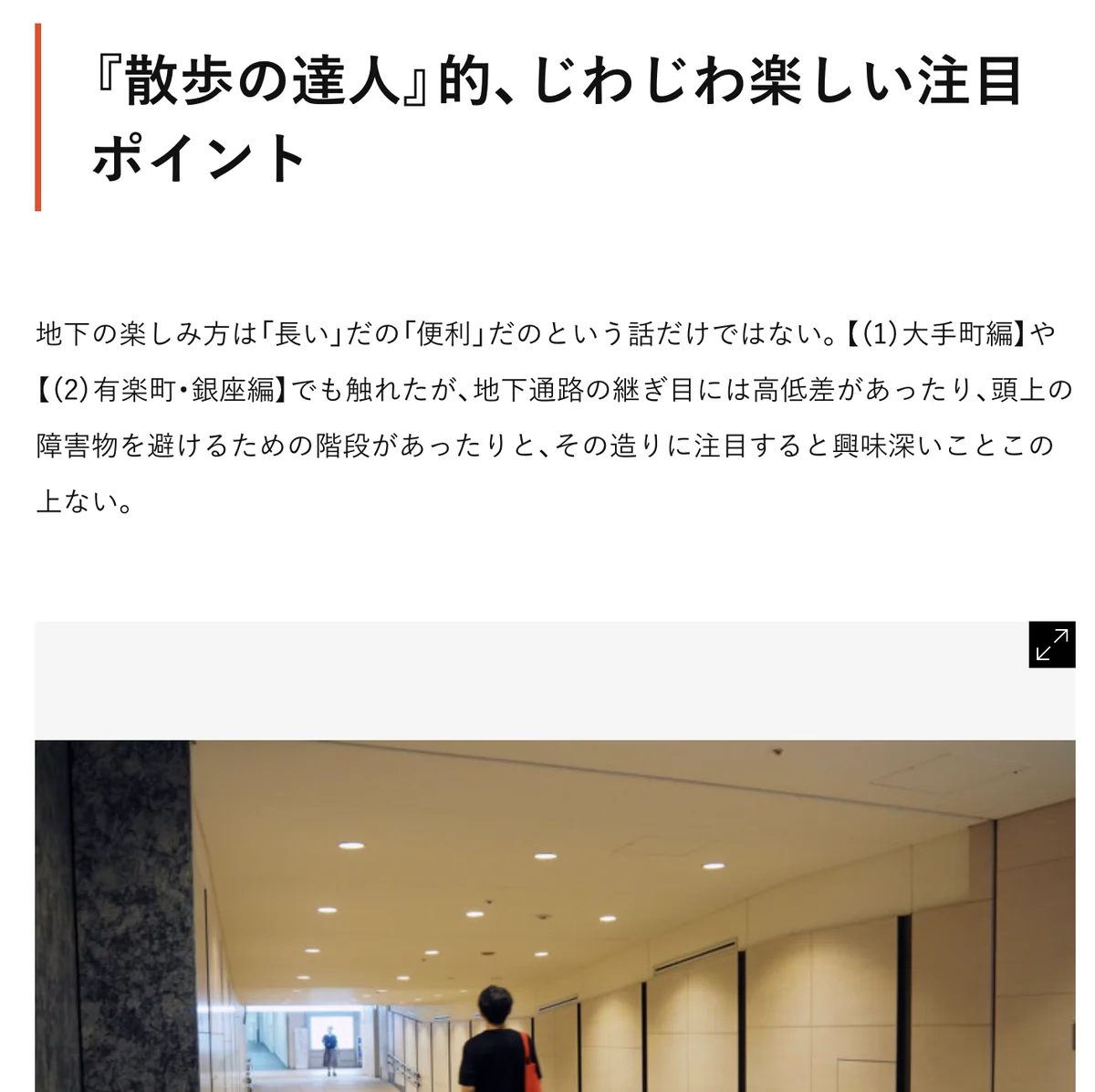 元記事の「『散歩の達人』的、じわじわ楽しい注目ポイント」の節の画面。地下通路の継ぎ目の高低差や階段に注目すると興味深いと書かれている