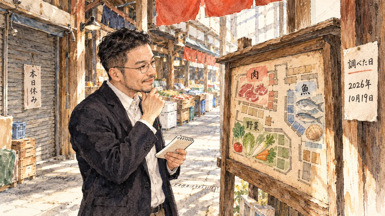 市場の入口で、ひろくんが全体の配置図の看板を見ている情景。閉まっている店には本日休みの札、柱には調べた日の張り紙がある