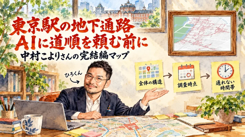 東京駅の地下通路をAIに頼む前に、全体の構造、調査時点、通れない時間帯を渡すことを紹介するアイキャッチ。右上の額縁に元記事の地下マップ