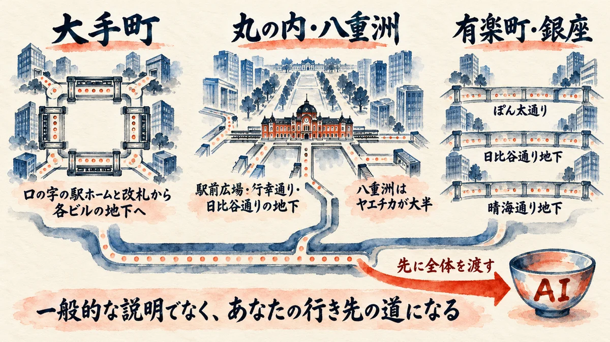地下を大手町、丸の内・八重洲、有楽町・銀座の3エリアに分けて全体像を持つ図解。大手町はロの字の駅ホームと改札から各ビルの地下へ、八重洲はヤエチカが大半、有楽町・銀座はぽん太通り、日比谷通り地下、晴海通り地下。AIには先に全体を渡す