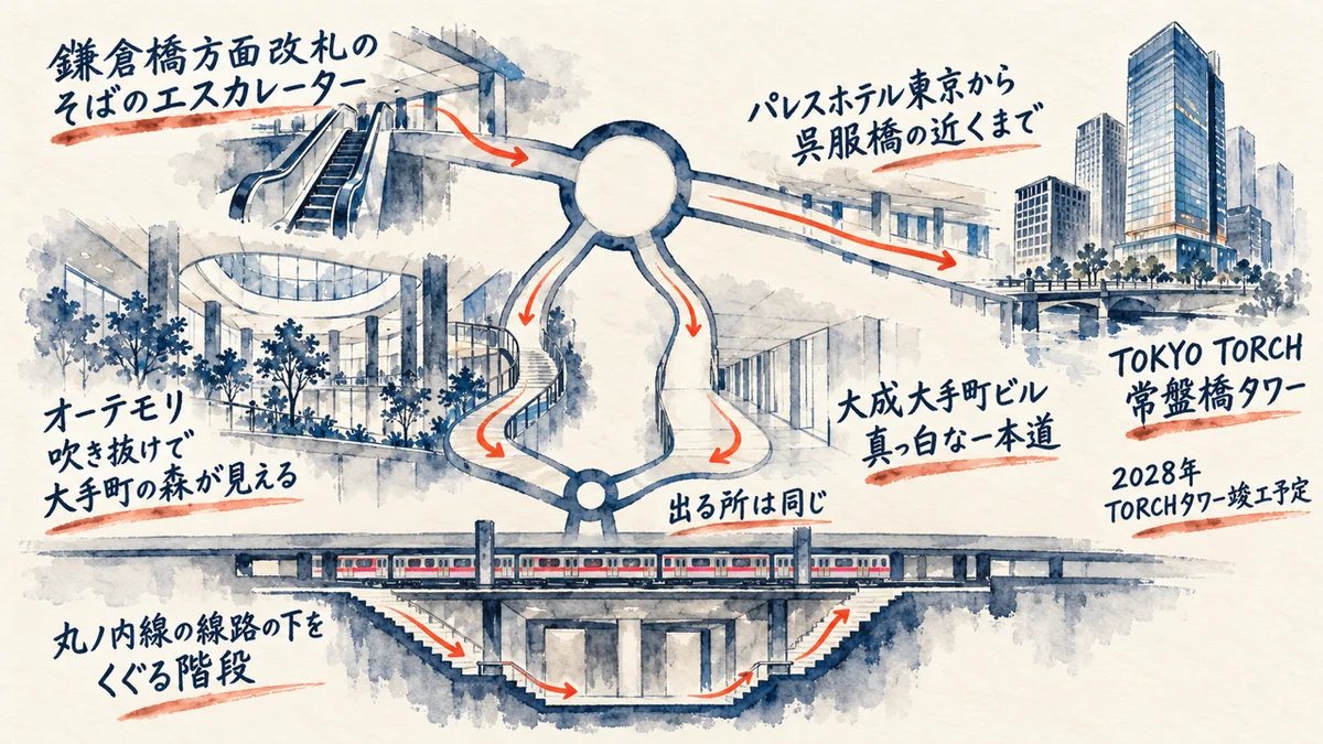 大手町の地下にある見逃しやすい抜け道と高低差の図解。オーテモリは吹き抜けで大手町の森が見え、大成大手町ビルは真っ白な一本道で、出る所は同じ。丸ノ内線の線路の下をくぐる階段、パレスホテル東京から呉服橋の近く、隣で建設中のTORCHタワーは2028年竣工予定