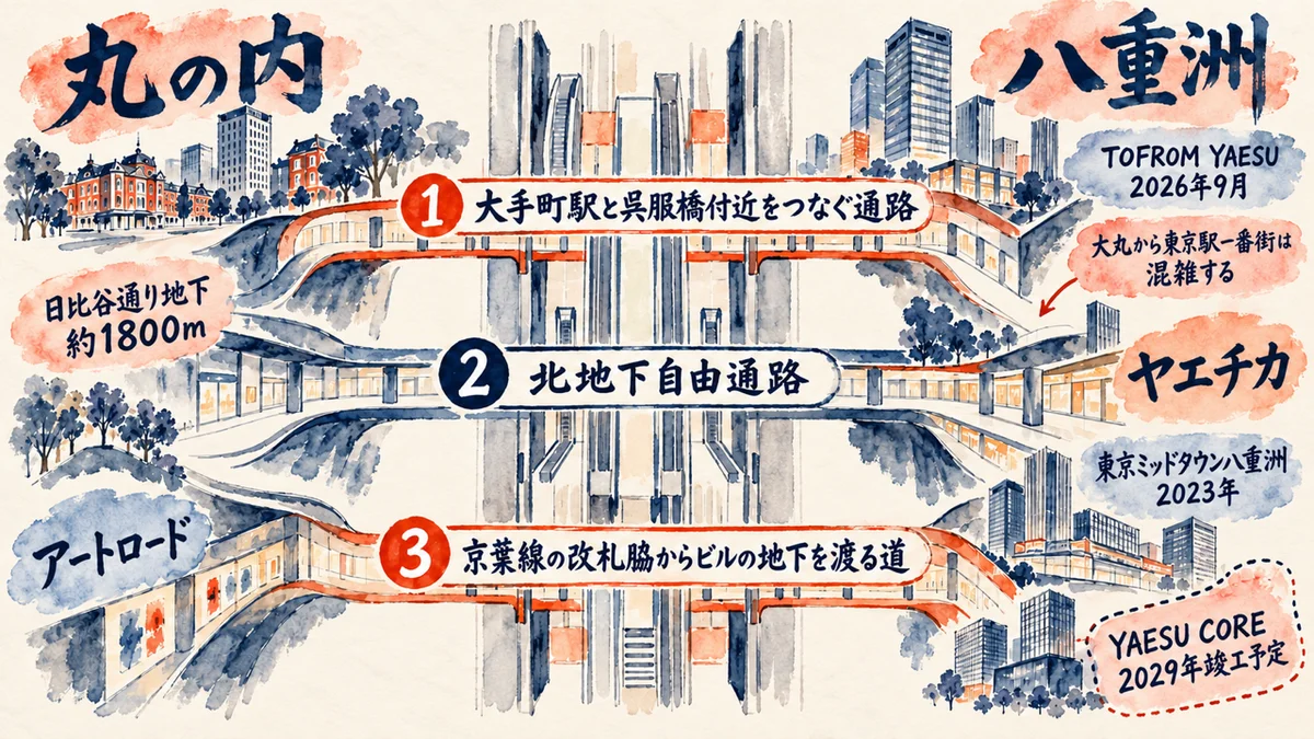 丸の内と八重洲を地下で行き来する3つの道の図解。大手町駅と呉服橋付近をつなぐ通路、北地下自由通路、京葉線の改札脇からビルの地下を渡る道。丸の内は日比谷通り地下約1800mとアートロード、八重洲はヤエチカ、東京ミッドタウン八重洲、TOFROM YAESU、YAESU COREは2029年竣工予定