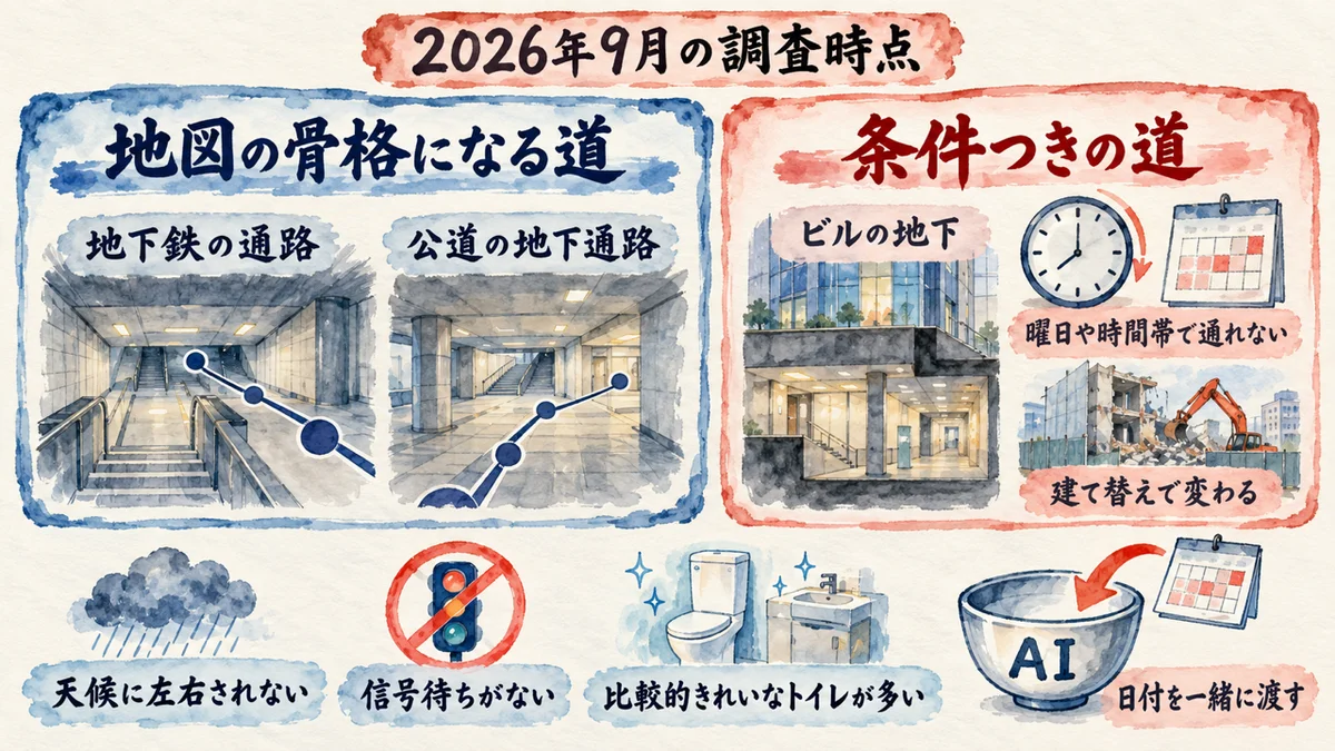 地下の道は地図の骨格になる道と条件つきの道に分けて持つ図解。地下鉄の通路と公道の地下通路は地図の骨格になる道、ビルの地下は曜日や時間帯で通れない、建て替えで変わる。2026年9月の調査時点の日付をAIにも一緒に渡す。天候に左右されない、信号待ちがない、比較的きれいなトイレが多い