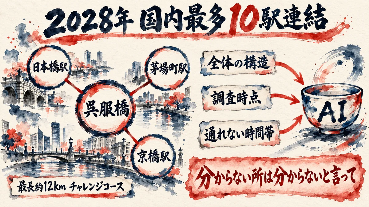 2028年に国内最多の10駅が連結される図解。呉服橋に日本橋駅、茅場町駅、京橋駅が集まる。AIには全体の構造、調査時点、通れない時間帯を渡し、分からない所は分からないと言ってもらう。最長約12kmのチャレンジコース