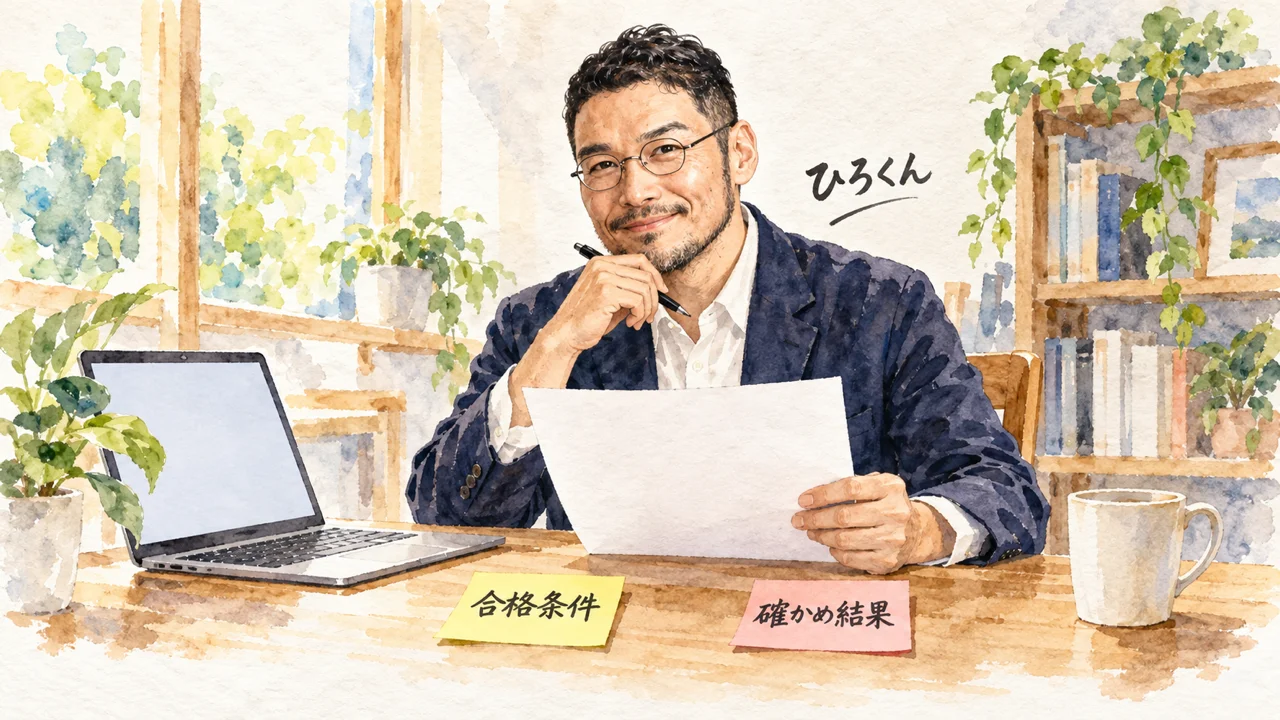 ひろくんが、机で見積書の紙を手に、付箋の「合格条件」と「確かめ結果」を見比べてうなずいている図解