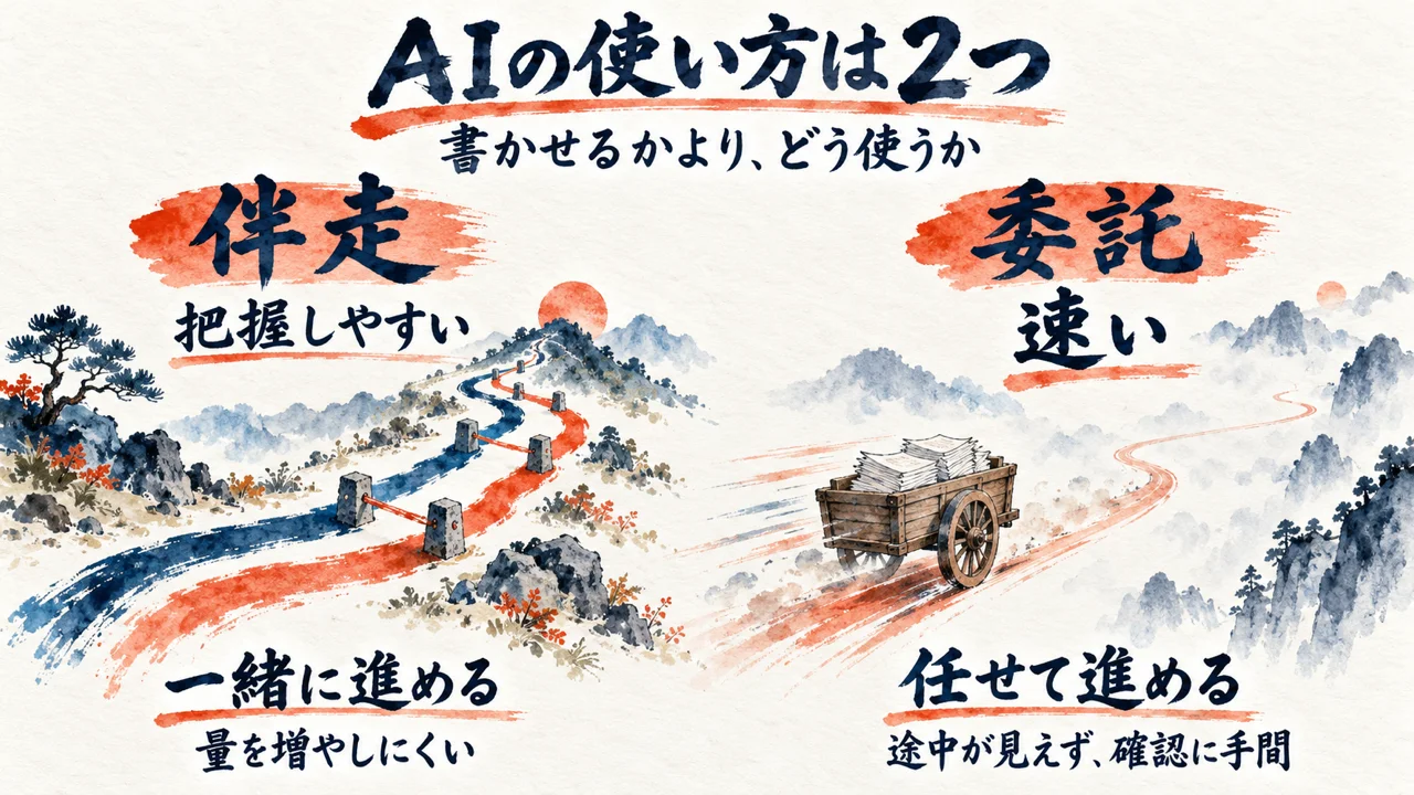 AIの使い方を、一緒に進める伴走（把握しやすい）と任せて進める委託（速い）に分けて対比する図解