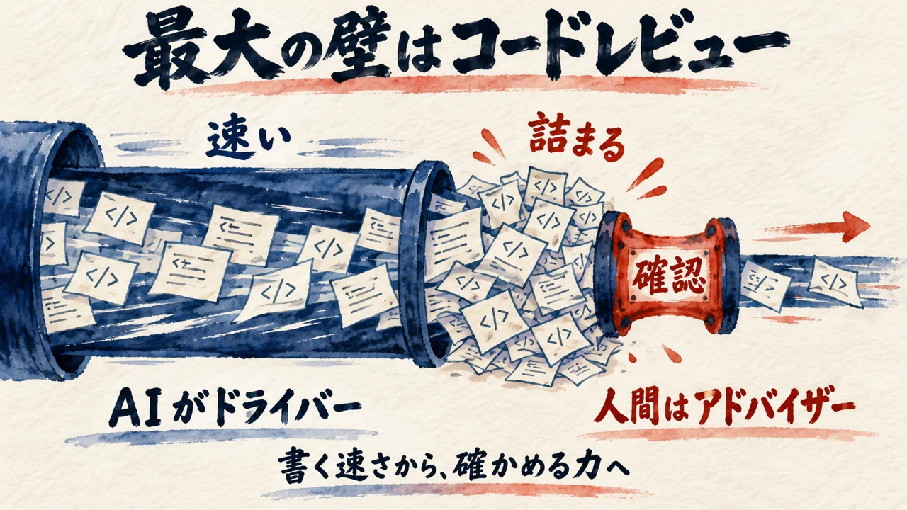 AIが速く書いたコードの流れが、確認の関所で詰まる様子を描いた、コードレビューがボトルネックになる図解