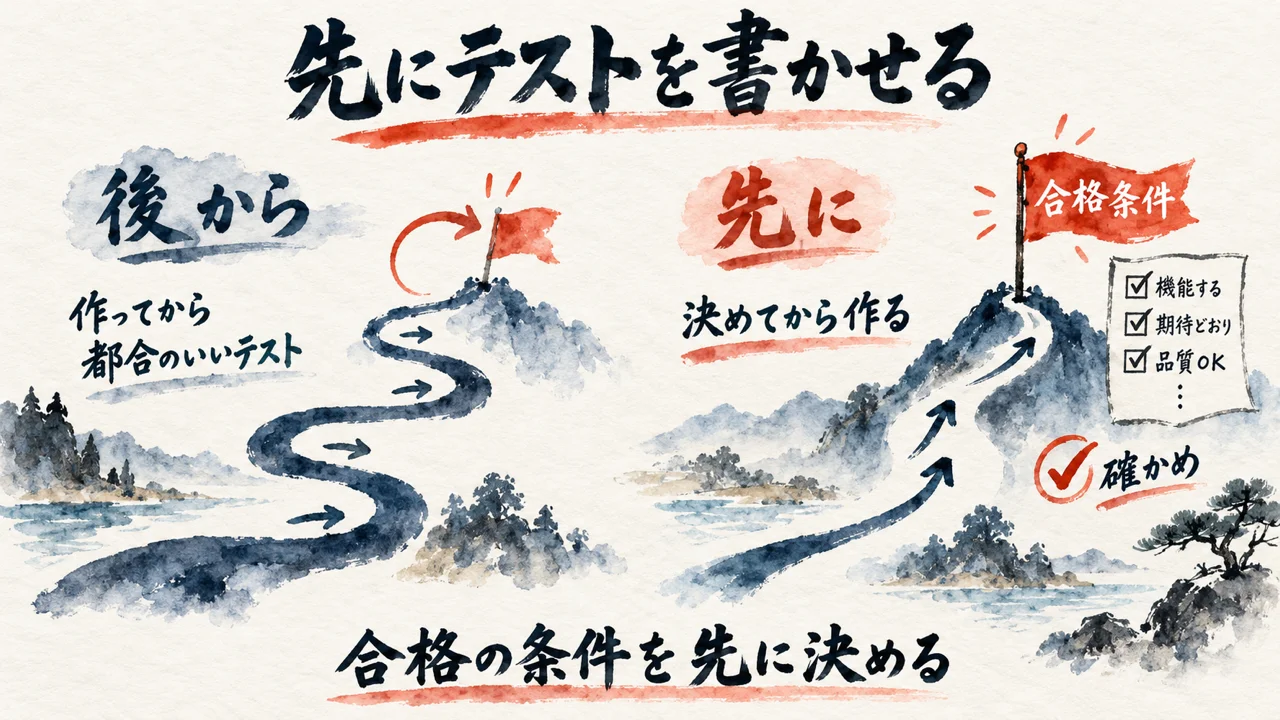 実装の後にテストを書く道と、先に合格条件の旗を立ててから作る道を左右で比べた図解