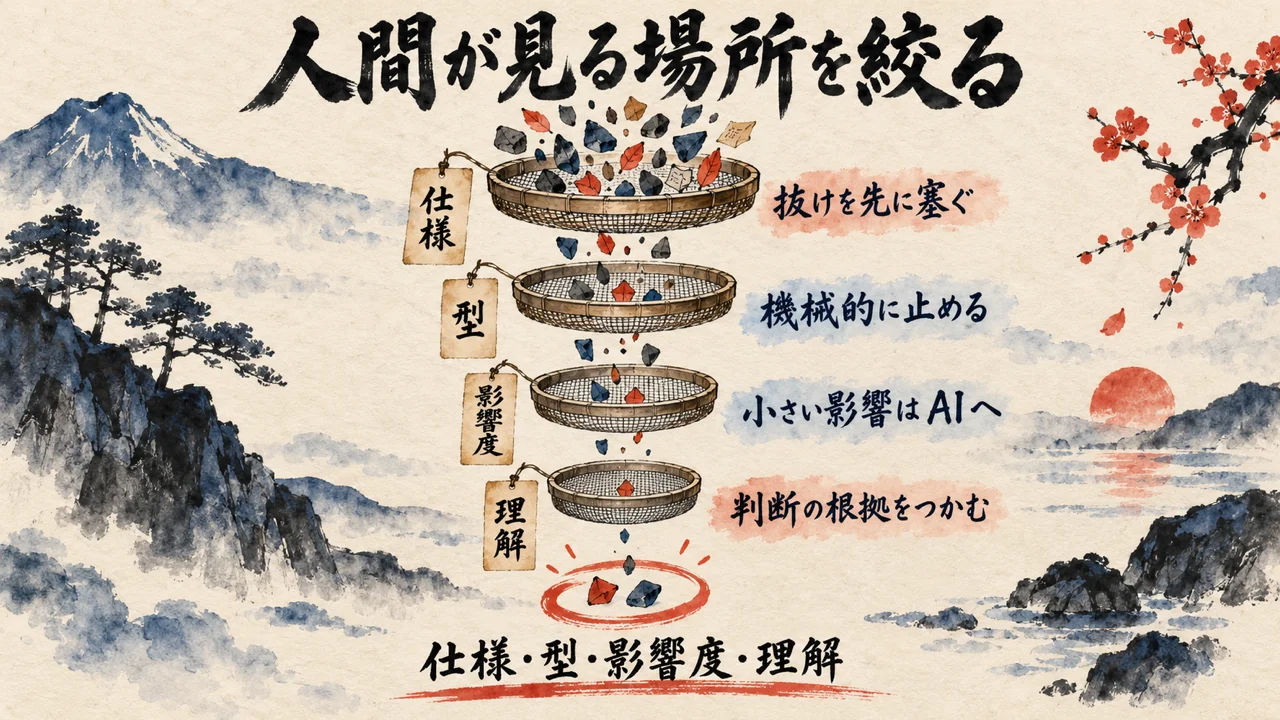 仕様・型・影響度・理解の4つのふるいで、人間が見る場所を絞り込む図解