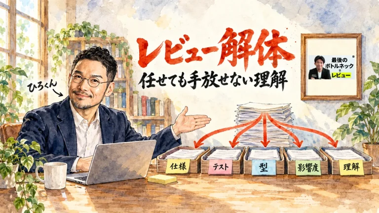 ひろくんが右手で、5つの仕分けトレイ（仕様・テスト・型・影響度・理解）に分かれる書類の束を紹介し、壁の額縁に和田卓人さんの記事の画像が飾られた全体図解