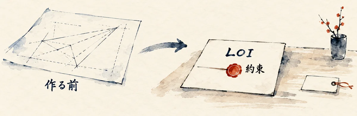 作る前の設計図から、LOIの約束の書面へ矢印でつなぐ図解