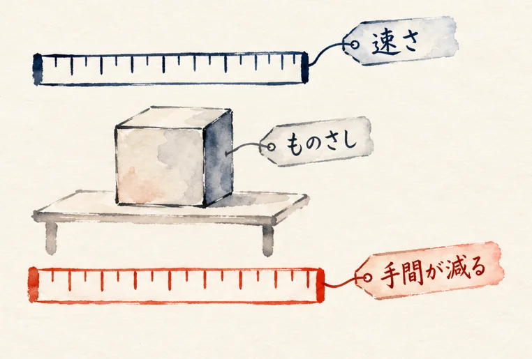 速さと手間が減るという2本のものさしで同じ立方体を測る図解