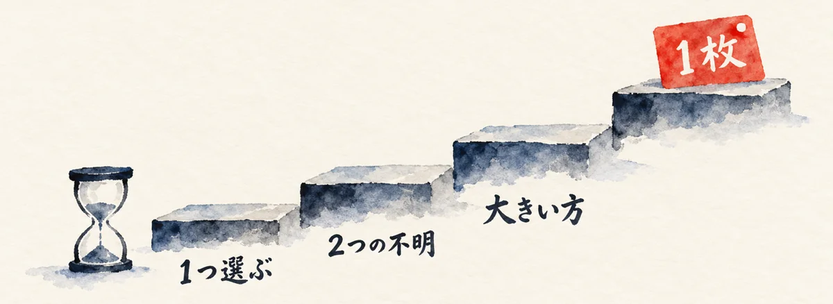 砂時計のそばで、1つ選ぶ、2つの不明、大きい方、1枚と4段の階段を上る30分の手順の図解