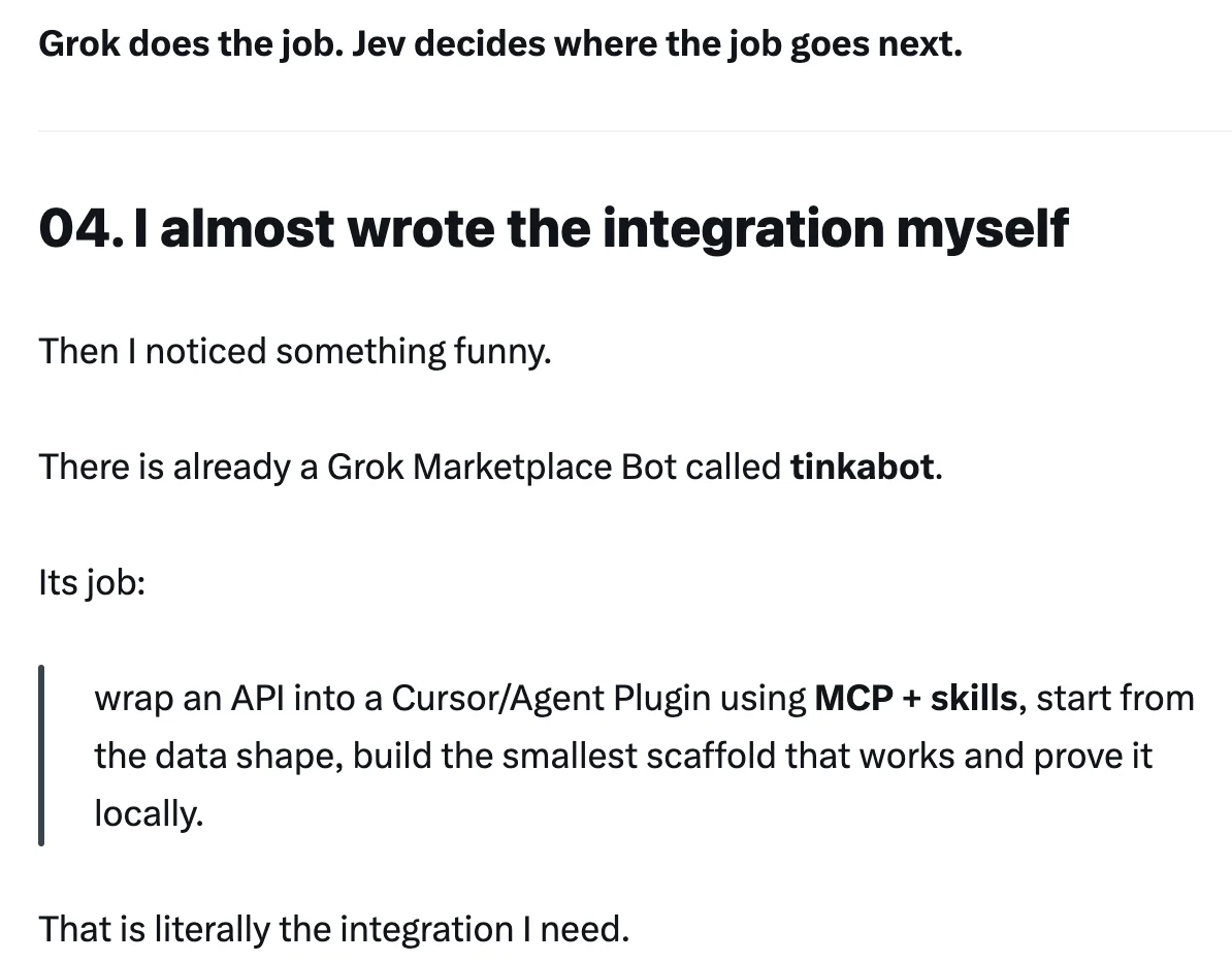 元記事キャプチャ: Grok does the job. Jev decides where the job goes next.
