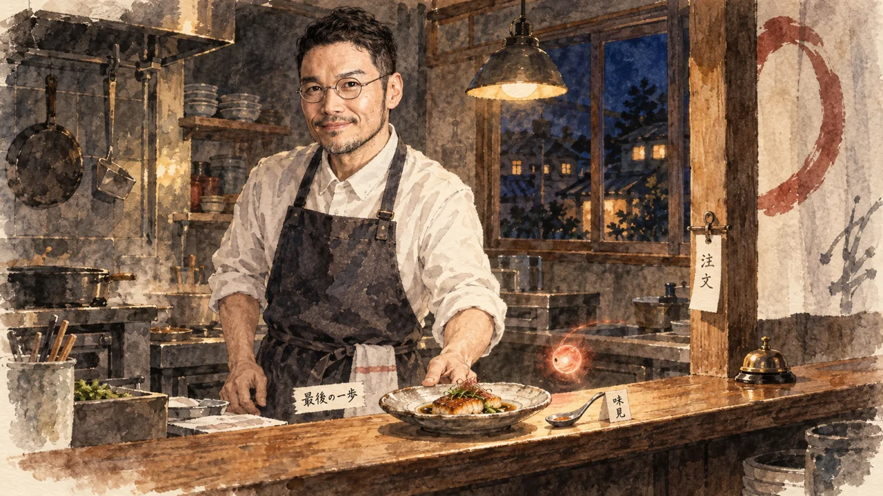 夜の調理場で、ひろくんが皿を出す最後の一歩の手前で手を添え、味見と注文の札が並ぶ図解