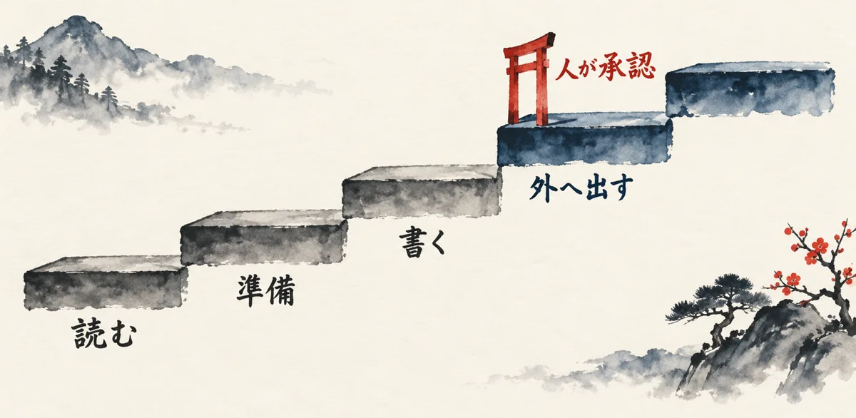 読む・準備・書く・外へ出すの5段の階段で、外へ出す手前に人が承認する朱色の門がある図解