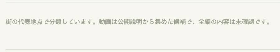 Walkariumの地域ページの下部の注記。街の代表地点で分類しています。動画は公開説明から集めた候補で、全編の内容は未確認です