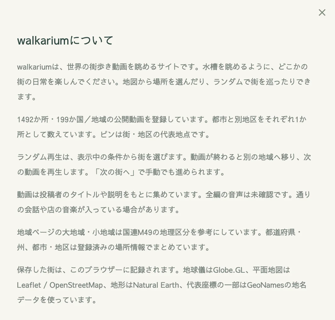 Walkariumの説明の画面全体。水槽を眺めるように街を楽しむこと、1492か所・199か国／地域、ランダム再生の仕組み、全編の音声は未確認であること、使っている地図データの出典が書かれている