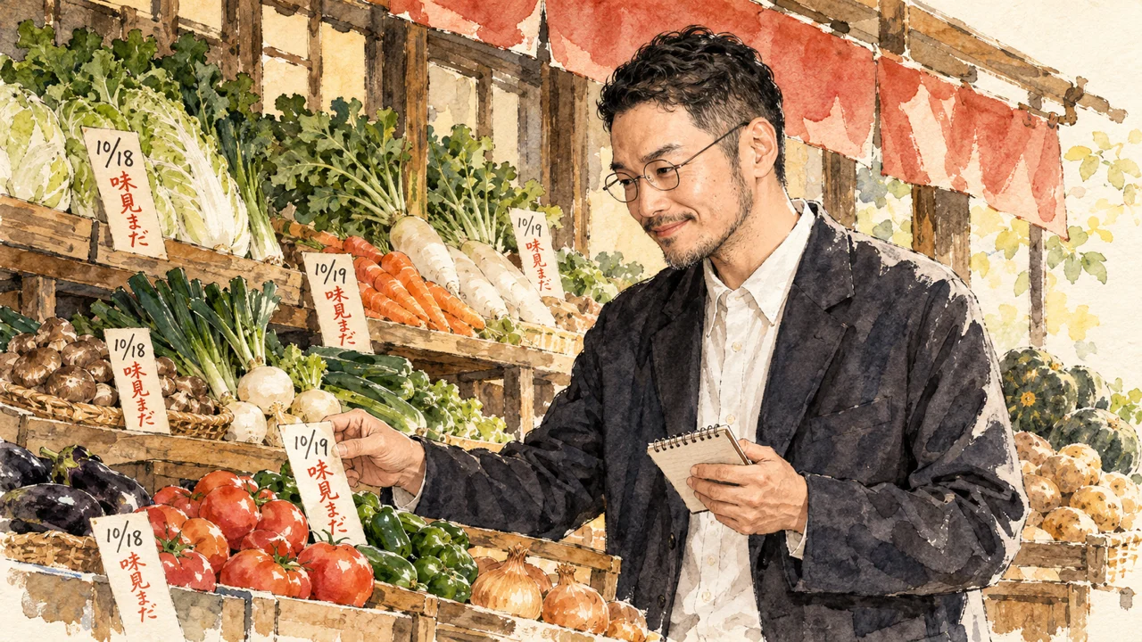 小さな八百屋さんの店先で、ひろくんが棚の野菜に付いた仕入れ日と味見まだの札を見ている情景。手にはメモ帳