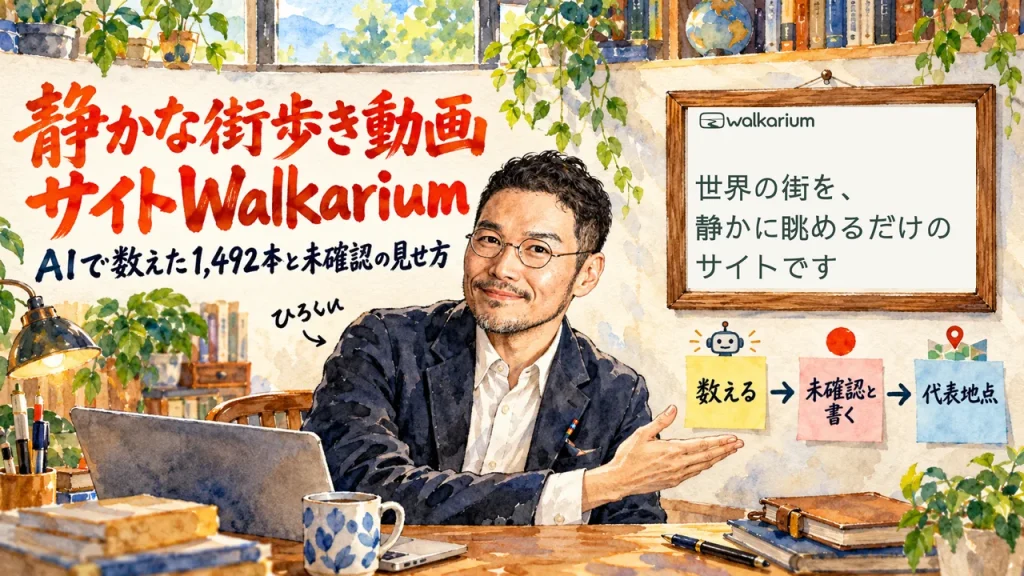 静かな街歩き動画サイトWalkarium。AIで数えた1,492本と未確認の見せ方を紹介するアイキャッチ。数える、未確認と書く、代表地点の3枚の付箋。右上の額縁にWalkariumのトップページの画面