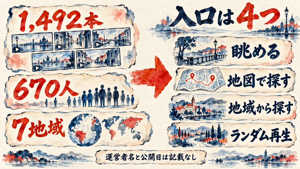 Walkariumの全体像の図解。動画1,492本、投稿者670人、7地域。入口は眺める、地図で探す、地域から探す、ランダム再生の4つ。運営者名と公開日は記載なし