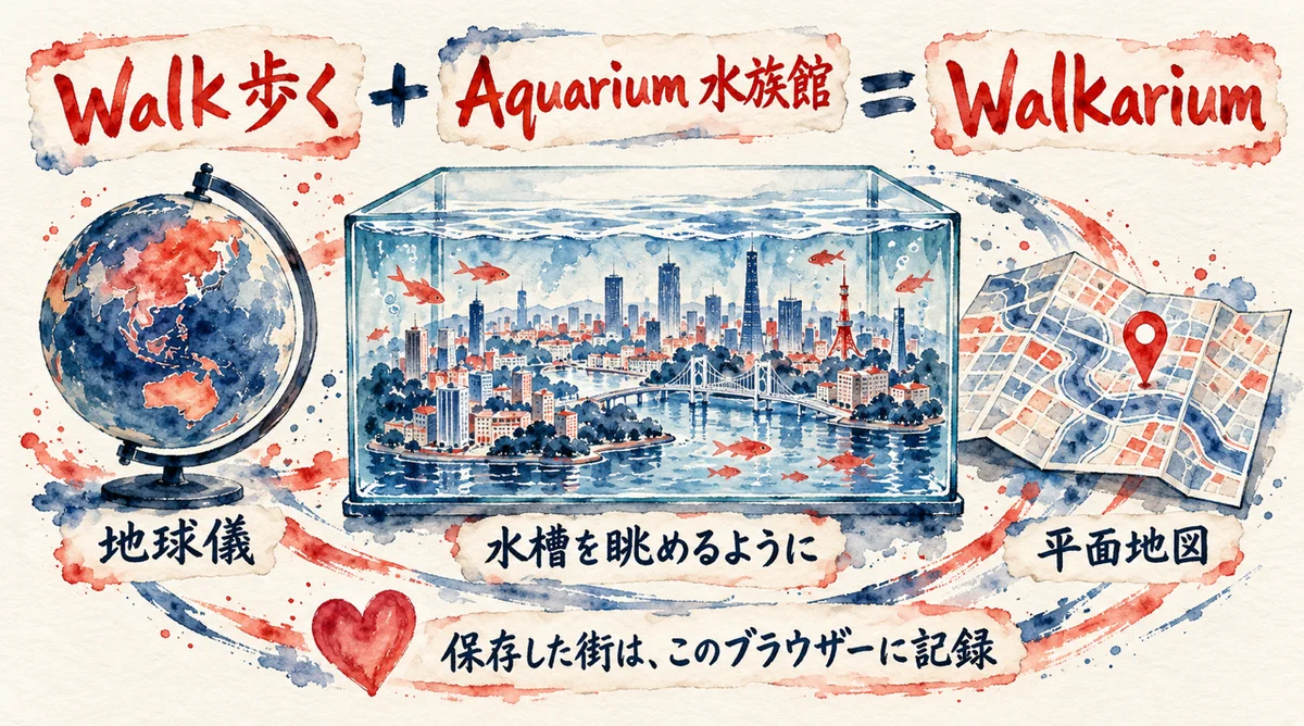 Walk（歩く）とAquarium（水族館）を合わせたWalkariumの名前の由来の図解。水槽を眺めるように街を見る。見方は地球儀と平面地図の2つ。保存した街はこのブラウザーに記録される