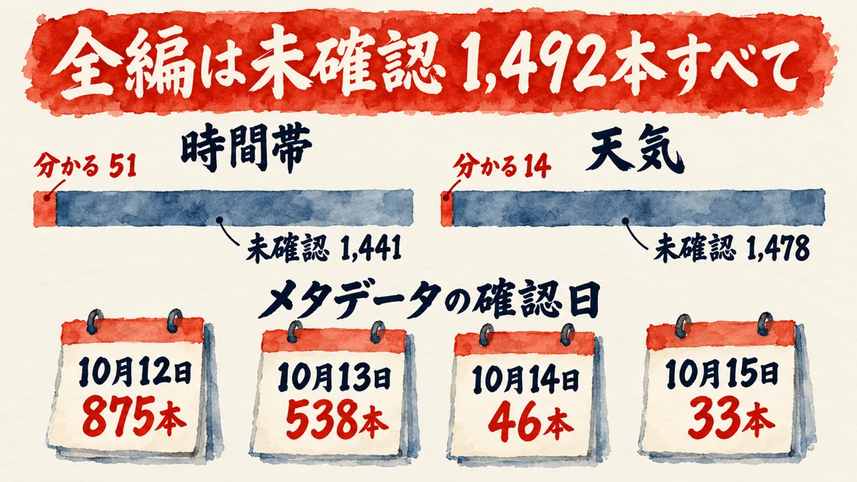 Walkariumの未確認の書き方の図解。全編は未確認で1,492本すべて。時間帯は分かるのが51本で未確認が1,441本、天気は分かるのが14本で未確認が1,478本。メタデータの確認日は10月12日が875本、13日が538本、14日が46本、15日が33本