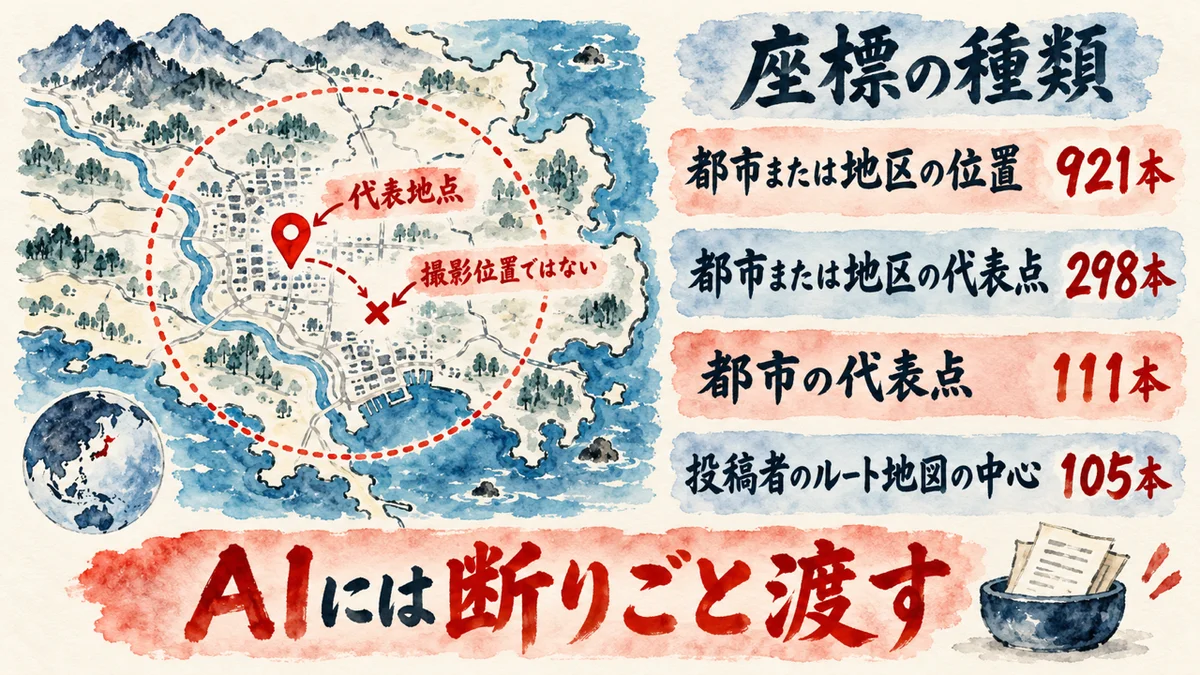 地図のピンは街や地区の代表地点で、撮影位置ではないことを示す図解。座標の種類は都市または地区の位置921本、都市または地区の代表点298本、都市の代表点111本、投稿者のルート地図の中心105本。AIには断りごと渡す