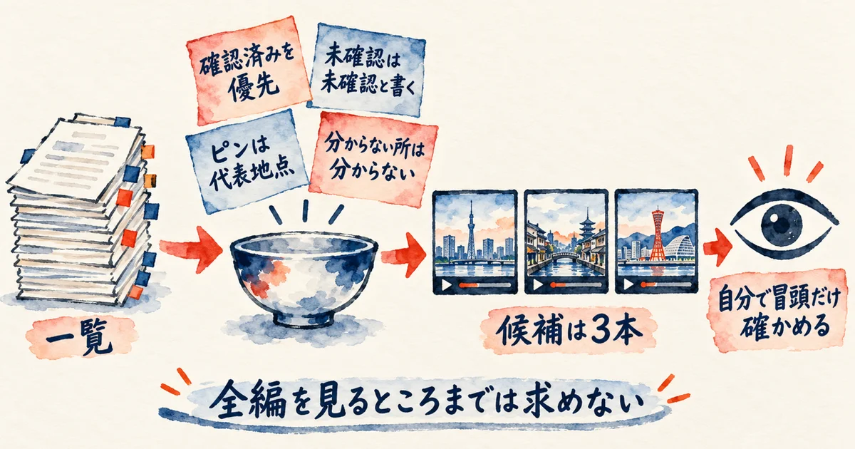 AIに今日流す街を3つ選んでもらう頼み方の図解。確認済みと未確認が分かれた一覧に、確認済みを優先する、未確認は未確認と書く、ピンは代表地点、分からない所は分からない、の4つの約束を付けて渡す。候補は3本で、自分で冒頭だけ確かめる。全編を見るところまでは求めない