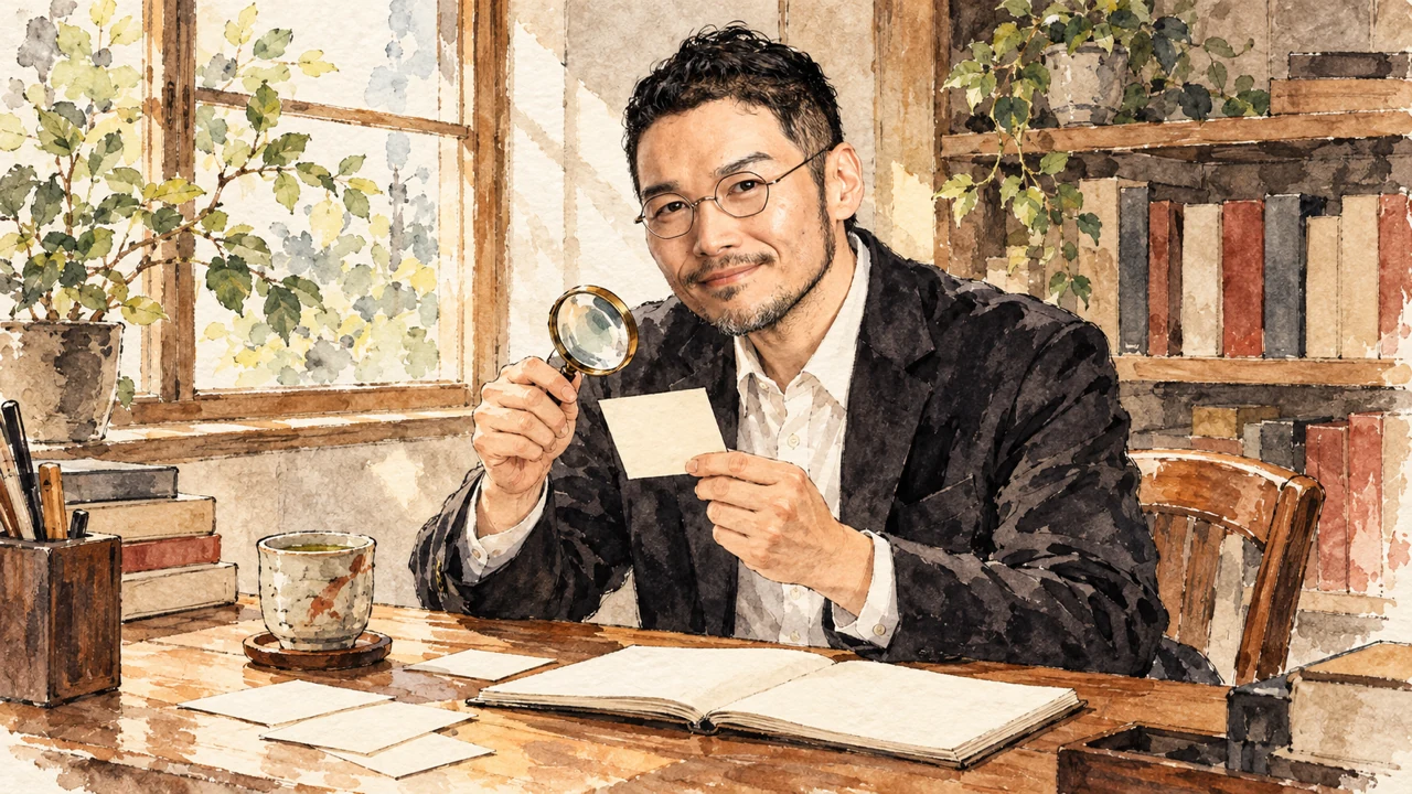 窓辺の机で、ひろくんが虫眼鏡で小さなカードを確かめているイラスト。便利な表示ほど、一度は疑って読み直す、というコラムの場面