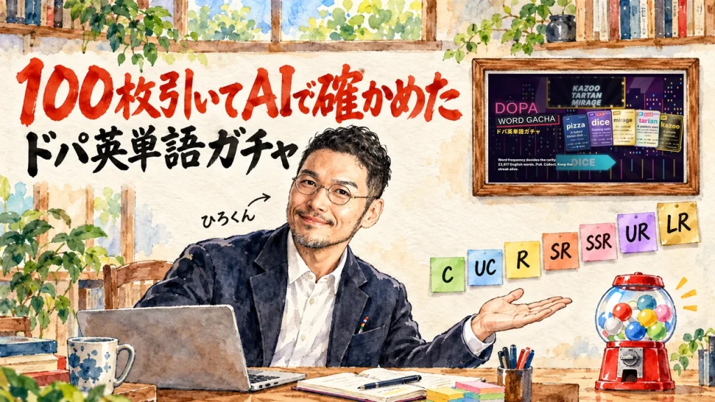 100枚引いてAIで確かめたドパ英単語ガチャ。壁の額縁にゲームの紹介画像を掛け、ひろくんがC、UC、R、SR、SSR、UR、LRのレア度の付箋とガチャ機を手で示す全体図