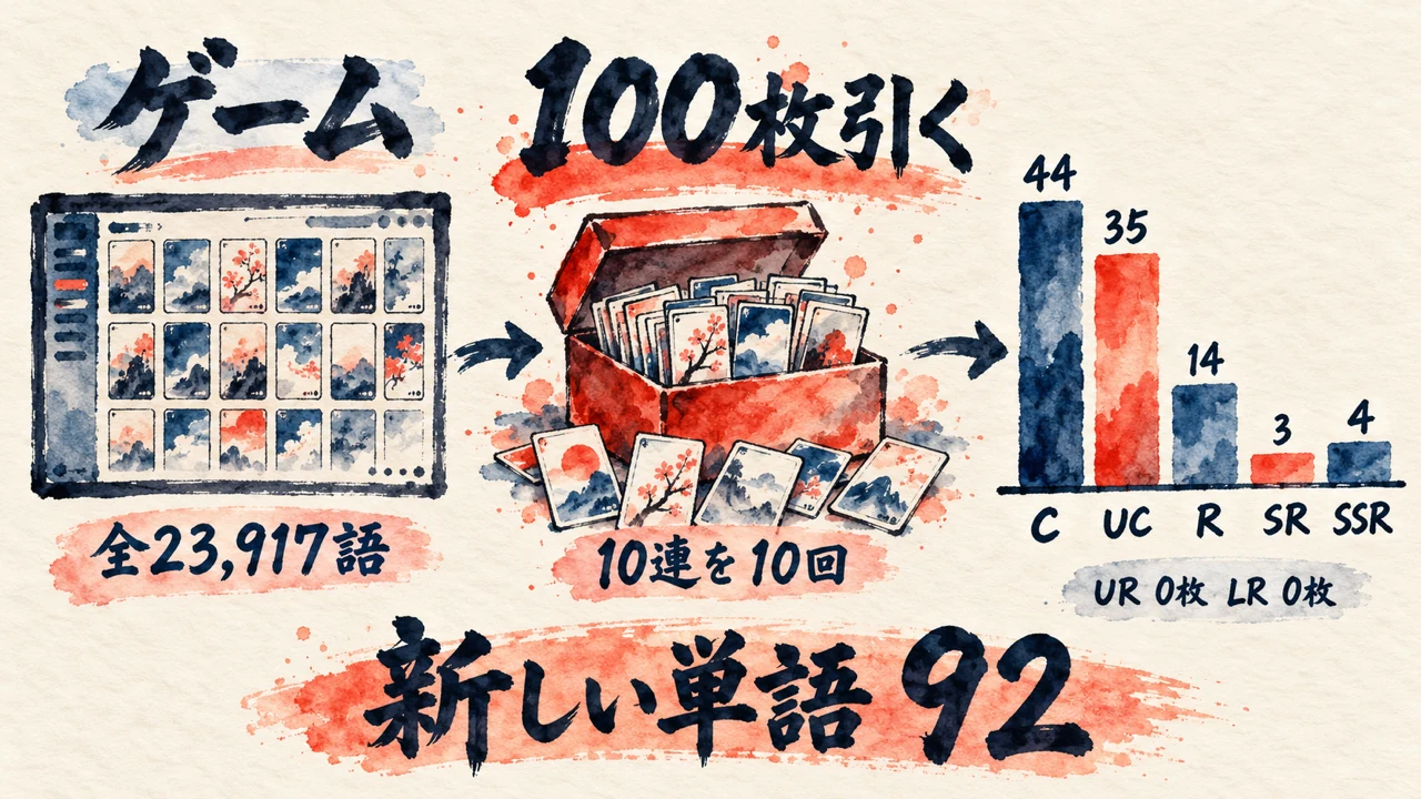 ドパ英単語ガチャは全23,917語。10連を10回引いて100枚、C44枚、UC35枚、R14枚、SR3枚、SSR4枚、URとLRは0枚、新しい単語は92の図解