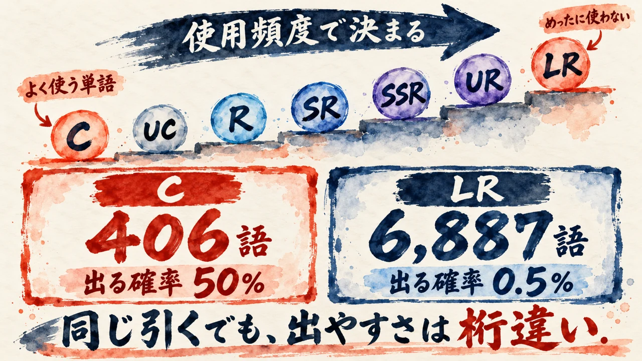 レア度は使用頻度で決まる図解。Cは406語で出る確率50%、LRは6,887語で出る確率0.5%、同じ引くでも出やすさは桁違い