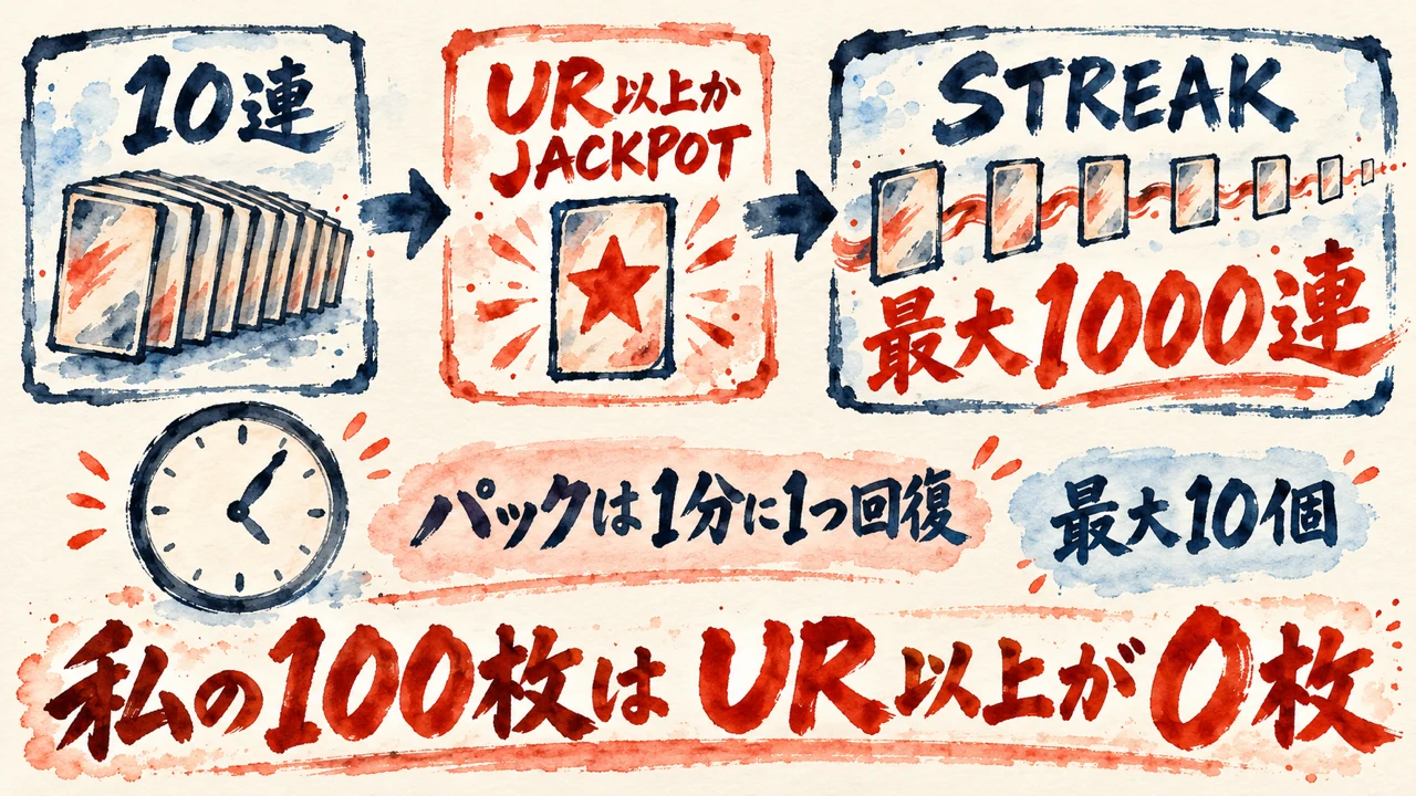 10連からUR以上かJACKPOT抽選でSTREAKが始まり最大1000連。パックは1分に1つ回復して最大10個。私の100枚はUR以上が0枚という図解