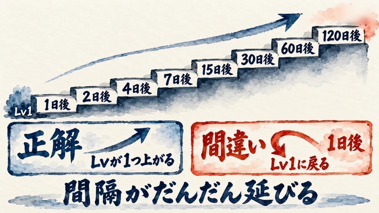 単語テストの復習間隔の階段。1日後、2日後、4日後、7日後、15日後、30日後、60日後、120日後。正解でLvが1つ上がり、間違いはLv1に戻って1日後