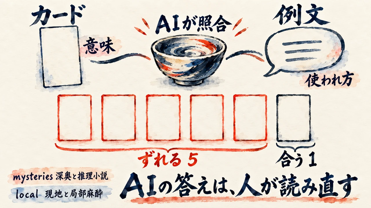 カードの意味と例文の使われ方をAIが照合した図解。ずれる5枚、合う1枚。AIの答えは人が読み直す。mysteriesは深奥と推理小説、localは現地と局部麻酔