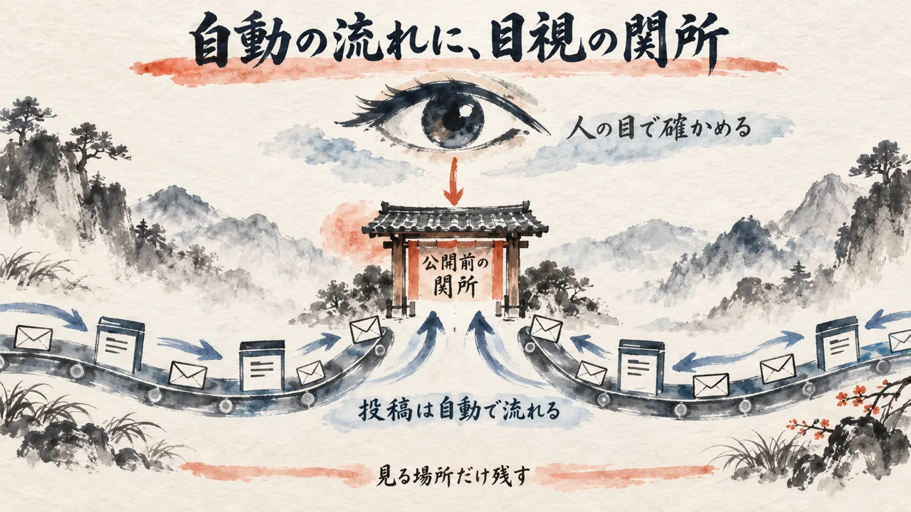人間の出番はゼロという言葉と、必ず目視でチェックという言葉が同じ記事に並んでいる図