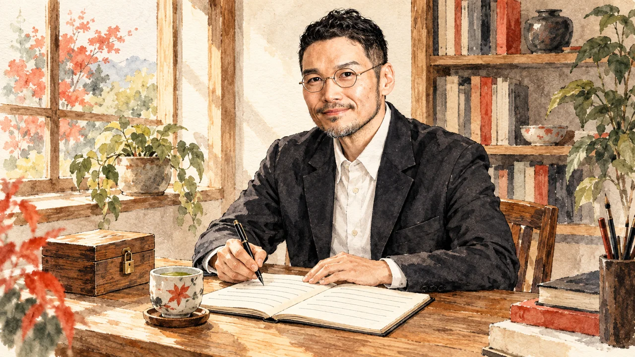 窓辺の机でノートに書き込むひろくんの水彩イラスト。机の脇に鍵のかかった木の箱と湯呑みがある。相手の困りごとを先に預かる場面
