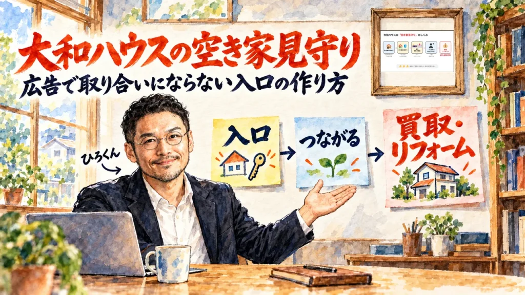 大和ハウスの空き家見守りを解説、というタイトルの水彩イラスト。ひろくんが机のノートPCの前で、壁の入口、つながる、買取・リフォームの3枚の付箋を手で示している。額縁には元記事の見守りのしくみの図