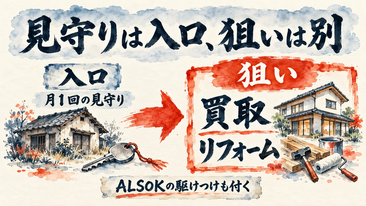 見守りは入口、狙いは別、という図解。左は月1回の見守りという入口、右は狙いの買取とリフォーム。ALSOKの駆けつけも付く